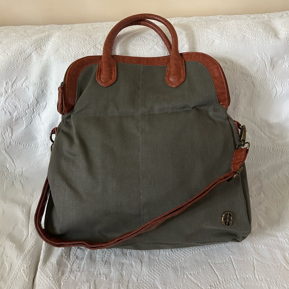 Olsenboye Army Green Twill and Brown Faux Leather Handbag/Crossbody